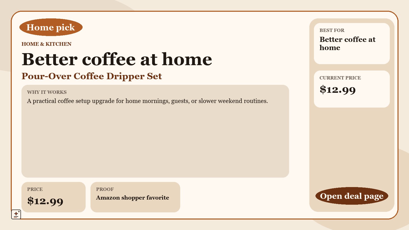 premium-hero promotional graphic for Pour-over coffee dripper set, showing current deal and a displayed price of $12.99.